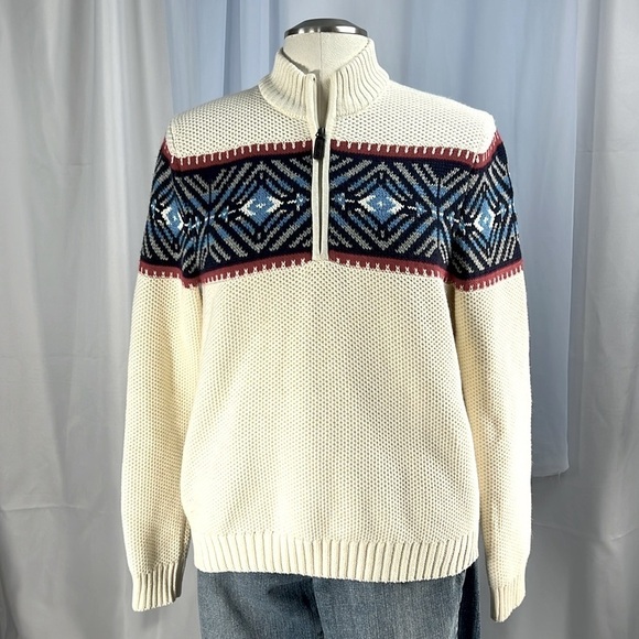 IZOD Vanilla Ice fair isle half zip pullover long sleeve cotton sweater cream M - Picture 1 of 7